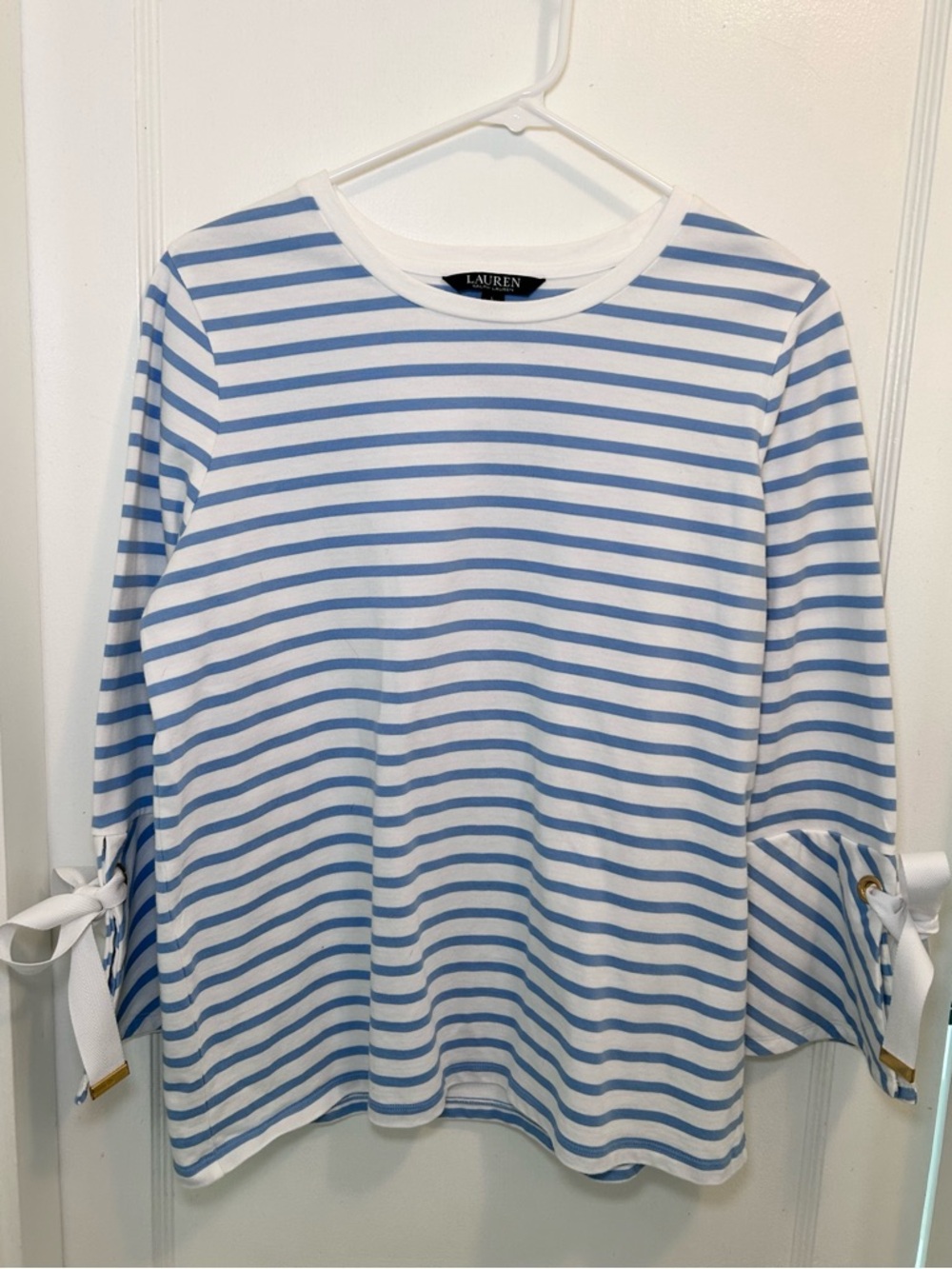 Lauren Ralph Lauren White & Blue Striped 3/4 Bell Tie Sleeve Top Women’s L